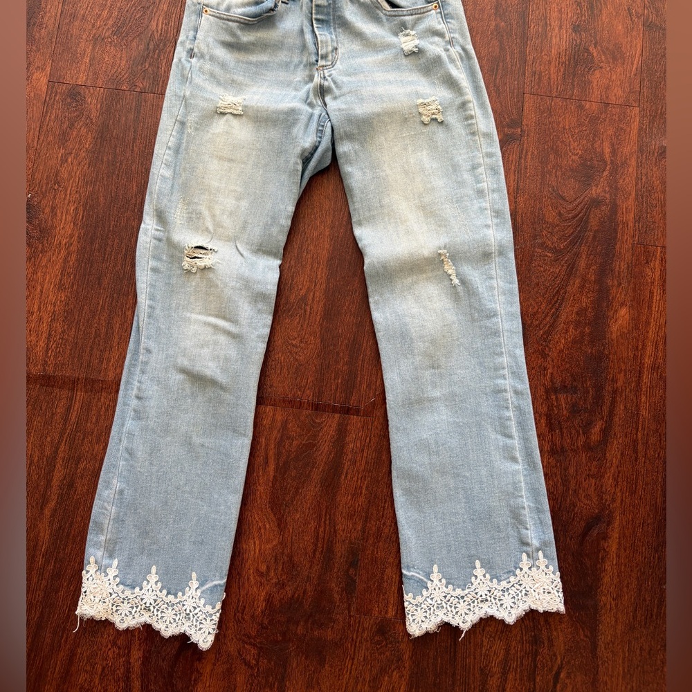 Tractr Light Blue Straight Leg Jeans with Distressed Details
